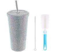 BestAlice Vaso de diamantes brillantes tachonados, vaso brillante de 500 ml con tapa y popote, botella de agua de acero inoxidable con purpurina con cepillos para popote, vaso grande reutilizable