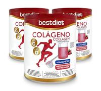 Bestdiet - Colageno con Magnesio y Vitamina C y D en Polvo, Colágeno Hidrololizado para Mantenimiento de la Piel, Articular y de Cartílagos, Pack de 3 botes de 250 gramos, Sabor Frutos Rojos