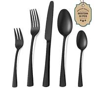 Bestdin Juego de cubiertos 30 piezas, set de cubiertos negro mate para 6 personas, cubiertos de acero inoxidable pulido a espejo, juego de cuchillo, tenedor, cuchara, apto para lavavajillas