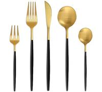 Bestdin Juego de cubiertos para 6 personas, 30 piezas de cubiertos color negro y oro mate, juego de cena con cuchillo, tenedor, cuchara, juego de cubiertos de acero inoxidable de alta calidad, apto