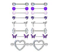 BESTEEL 8 pares de anillos para pezones de acero inoxidable 14G CZ corazón mariposa bola lengua barra anillos retenedor cuerpo piercing joyería para mujer, Acero inoxidable, circonita
