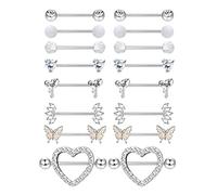 BESTEEL 8 pares de anillos para pezones de acero inoxidable 14G CZ corazón mariposa bola lengua barra anillos retenedor cuerpo piercing joyería para mujer, Acero inoxidable, circonita