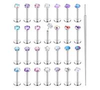 Besteel Juego de 28 anillos de nariz sin rosca, de acero quirúrgico, labio, fosa nasal, labio, medusa, piercing para tragus, caracola, hélice, aretes de espalda plana, para mujeres y hombres, 16G, 18G