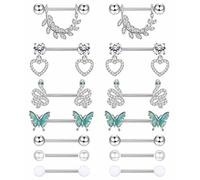 Besteel Juego de 7 pares de piercings para pezón, para lengua, para mujeres y hombres, con circonita cúbica, corazón, mariposa, acero quirúrgico, barra recta, pezones, 14 g, Acero inoxidable