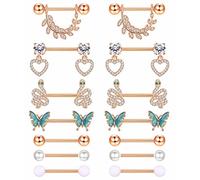 Besteel Juego de 7 pares de piercings para pezón, para lengua, para mujeres y hombres, con circonita cúbica, corazón, mariposa, acero quirúrgico, barra recta, pezones, 14 g, Acero inoxidable