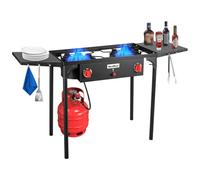 Bestfire Estufa de camping de 2 quemadores con botón de encendido automático, estantes laterales y regulador, estufa de gas de 150,000 BTU, quemador de propano para barbacoa al aire libre y patio