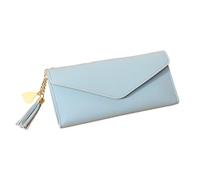 Bestgift Monedero corto para mujer, con borlas, clip para dinero, tarjetero, monedero, Azul cielo largo, 18.5*9cm