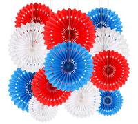 BestoFun 12 abanicos de papel con rosetas decorativas, color rojo, azul y blanco, para decoración del 4º de July Estados Unidos, fiestas, cumpleaños, fiestas de verano, fiestas de fans y decoración de