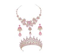 BESTonZON Conjunto de Tiara Collar y Pendientes Gemas de Imitación Color Dorado Rosa 1 Tiara 1 Collar y 1 Par de Pendientes para Bodas Fiestas Infantiles y Ocasiones Obsequios
