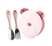 BESTonZON Vajilla para Niña con Cuenco de Acero Inoxidable Diseño Oso de Dibujos Animados Aislamiento Térmico con Inyección de Agua Plato con Ventosa Antideslizante para Reutilizable
