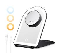 BESTOPE PRO Espejo Maquillaje con Luz Recargable, 10X Aumento, 3 Colores Luminosidad Regulable, Control Táctil y Función Memoria, Espejo Plegable para Viajes y Tocador, Negro