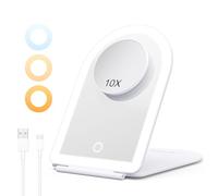 BESTOPE PRO Espejo Maquillaje con Luz Recargable, 10X Aumento, 3 Colores Luminosidad Regulable, Control Táctil y Función Memoria, Espejo Plegable para Viajes y Tocador, Blanco