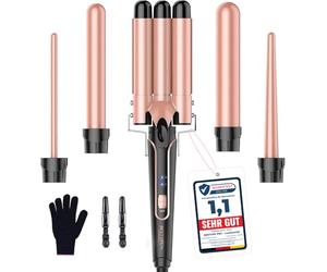 BESTOPE PRO Juego de plancha ondulada 5 en 1: cuenta con 3 barriles de cerámica para crear olas grandes, incluido un ajuste de temperatura, calentamiento rápido y un guante, 2 clips, oro rosa