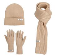BESTORI 3 en 1 Gorro Bufanda Guante Set para Mujer Beanie de Punto Bufanda Larga Guantes Tactiles Accesorios Cálidos de Invierno, Caqui
