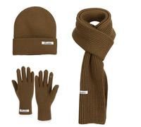 BESTORI 3 en 1 Gorro Bufanda Guante Set para Mujer Beanie de Punto Bufanda Larga Guantes Tactiles Accesorios Cálidos de Invierno, Marrón Claro