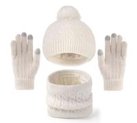 BESTORI Niños Conjunto de Bufanda Gorro Guantes Forro Polar Beanie Gorro Sombrero con Pompon Guantes de Pantalla Táctil para 4-10 años, Crema