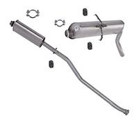 BESTPRICE Juego de silenciador de escape 1x Silenciador central, 1x Silenciador trasero, 3x parachoques, 2x abrazaderas compatible con CITROËN BERLINGO (M_), PEUGEOT PARTNER (5_, G_)