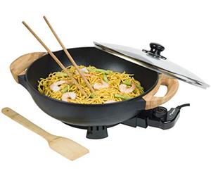 Bestron AEW100AS Wok eléctrico con asas de bambú, sartén wok XL con tapa de cristal en diseño asiático, incluye espátula de bambú, 2 palillos de cocina y libro de recetas, 1500 W, color negro, metal,