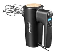 Bestron Batidora de mano, potente batidora de mano con 6 niveles, función turbo y pantalla LCD, dispositivo agitador con 2 batidores y 2 ganchos para amasar, peso ligero de 1 kg, color: negro/madera