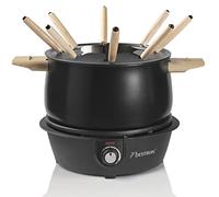 Bestron Fondue, Fondue electrica para hasta 8 personas, con 8 tenedores de fondue y termostato continuo, incl. protector contra salpicaduras, color: madera