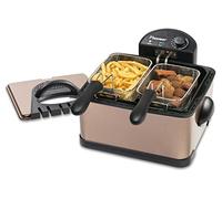 Bestron Freidora de aceite XL con 3 cestas de freír, incluye tecnología de zona fría y depósito de aceite extraíble, 4 litros, apta para lavavajillas, 2000 W, acero inoxidable, color cobre