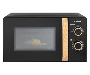 Bestron Microondas, 700 W, panel de control de dos piezas con 5 posiciones y 35 min. Temporizador, regulable sin niveles, con plato giratorio de 25,5 cm para todos los tamaños comunes, negro y madera
