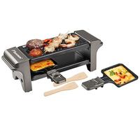 Bestron Mini Raclette, Raclette para 1-2 personas, mini mesa grill con 2 sartenes y 2 rascadores de madera, 350 vatios, Color: Gris