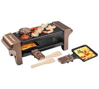 Bestron Mini Raclette, Raclette para 1-2 personas, mini mesa grill con 2 sartenes y 2 rascadores de madera, 350 vatios, Color: Cobre