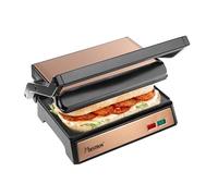 Bestron Parrilla de contacto eléctrica con sumidero, sándwichera con asa fría al tacto y apertura de 180°, revestimiento antiadherente, colección de cobre, color cobre