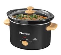 Bestron Slowcooker para 4 personas, Olla de Cocción Lenta con cacerola de cerámica y tapa de vidrio, termostato de 3 niveles, ideal para muchos platos como carne y sopas, 3.5 litros, Negro/Madera