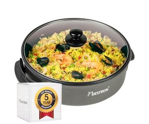 Bestron XL Paellera electrica, Sartena eléctrica multifuncional Ø40 cm con tapa de cristal, Olla Electrica recubrimiento antiadherente, 1500 vatios, AHP1800Z, color: negro