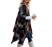 Bestshe Poncho bohemio de punto a cuadros con frente abierto para mujer, cárdigan con borla, # 01 rojo vino, Talla única