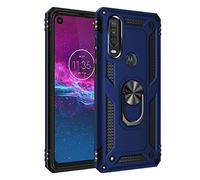 BestST Funda para Motorola P40 Power/Motorola Moto One Action +HD Protector de Pantalla,con Anillo Soporte Robusta Carcasa Híbrida TPU PC de Doble Capa Anti-arañazos Caso para Moto P40 Power,Azul