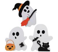BESTYASH 3 Piezas Letrero de Madera Decoración Delicada para Mesa de Halloween Adornos de Gato, Murciélago y Escoba para Fiesta Temática de Halloween
