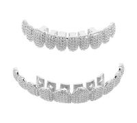 BESTYASH Juego de 1 Grill Plateado Gemas de Imitación para 10 Dientes Fundas Metálicas Completas Superior E Inferior Joyería Brillante para Cosplay Hip Hop y Disfraces de Halloween