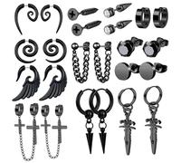 BESTYASH Pendientes Negros Para Hombre De Acero Inoxidable, Aros Pequeños y Colgantes, Estilo Punk, Set 12 Pares, Uso Diario y Ocasiones Obsequios
