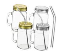 BESTYASH Tazas de Vidrio Transparentes con Tapa y Pajita 4 Piezas Tarros para Bebidas Frías y Calientes Material de Vidrio Diseño con Asa para Niños y Adultos Uso Casa y Oficina