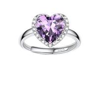 Bestyle Anillo de Corazón Plata de Ley 925 Ajustable, Anillo Piedra Nacimiento Mujer de Amatista Febrero, Anillo Mujer con Circonita Cúbica, Anillo de Mujer Elegante para Regalo San Valentín