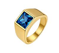 Bestyle Anillos para Hombre Oro Anillos Sello Cuadrado Anillo de Sello Dorado Anillos con Piedra Topacio Azul Anillos de Acero Inoxidable Hombre Talla 32.5