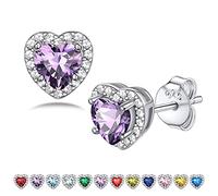 Bestyle Pendientes de Corazón Plata de Ley 925 con Piedras Nacimientos de Amatista Febrero y Circonita Cúbica para Mujer, Regalo Elegante para San Valentín