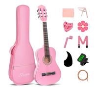 BESYOU Guitarra acústica rosa de 76 cm para principiantes, para estudiantes, niños, con kit básico de iniciación, bolsa de afinador, cuerdas de cejilla, bobinadores, púas, golpeador con bolsa de