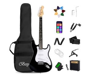 Besyou Guitarra eléctrica de 39 pulgadas, kit de guitarra eléctrica para principiantes con amplificador Classic SSS Pickup completo con bolsa de concierto, afinador, correa de cejilla, púas de cuerda