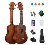 Besyou Kit de ukelele de concierto para principiantes, de caoba, con sintonizador, correa, cuerda de nailon de carbono, tela para regalo (marrón, 21)