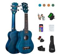 Besyou Ukelele de concierto para principiantes, kit de ukelele de caoba con afinador, correa de nailon de carbono, púas de tela para regalo (azul, 21)