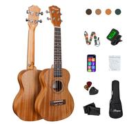 Besyou Ukelele de concierto para principiantes, kit de ukelele de caoba con sintonizador, correa de nailon de carbono, púas de tela de regalo (MA, 23)