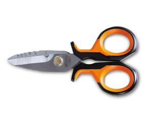 BETA 1128BSX, Tijera Profesional de Electricista con Cuchilla Graduada de Acero Inoxidable, Mango Bimaterial y Pasador Antiaflojamiento, Estuche Incluido