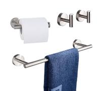 Betadistor 110403 - Juego de 4 soportes para rollo de papel higiénico de 16 pulgadas + toallero de acero inoxidable + 2 ganchos para abrigos, accesorios de baño modernos pulidos, color plateado