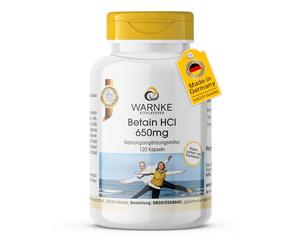 Betaína HCL 650mg - Clorhidrato de Betaína - 120 cápsulas | Warnke Vitalstoffe - Calidad de farmacia alemana