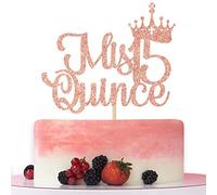 Betalala Decoración para tarta de 15 cumpleaños con texto "Mis Quince Hello 15, Cheers to 15 Years", decoración de fiesta de cumpleaños número 15, purpurina de oro rosa.