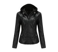 BETAM Chaqueta de piel sintética con cremallera para mujer, para otoño e invierno, manga larga, capucha extraíble, parka, h-black (negro), L